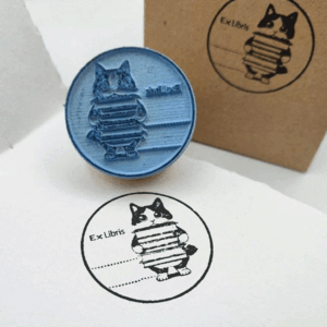 SELLO EXLIBRIS DE MADERA + TAMPON EL GATO CON LIBROS
