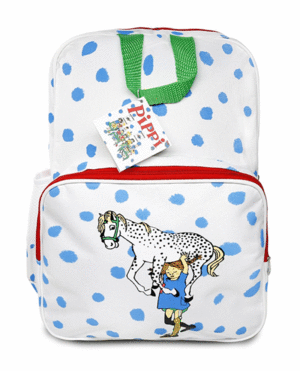 MOCHILA PIPPI FONDO BLANCA CON TOPOS AZULES